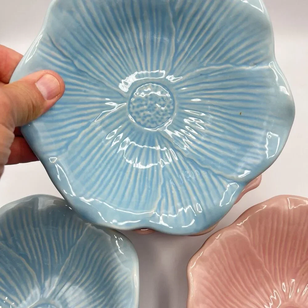Blue And Pink Ceramic Flower Bowl 7.25” Serving Set Of 5